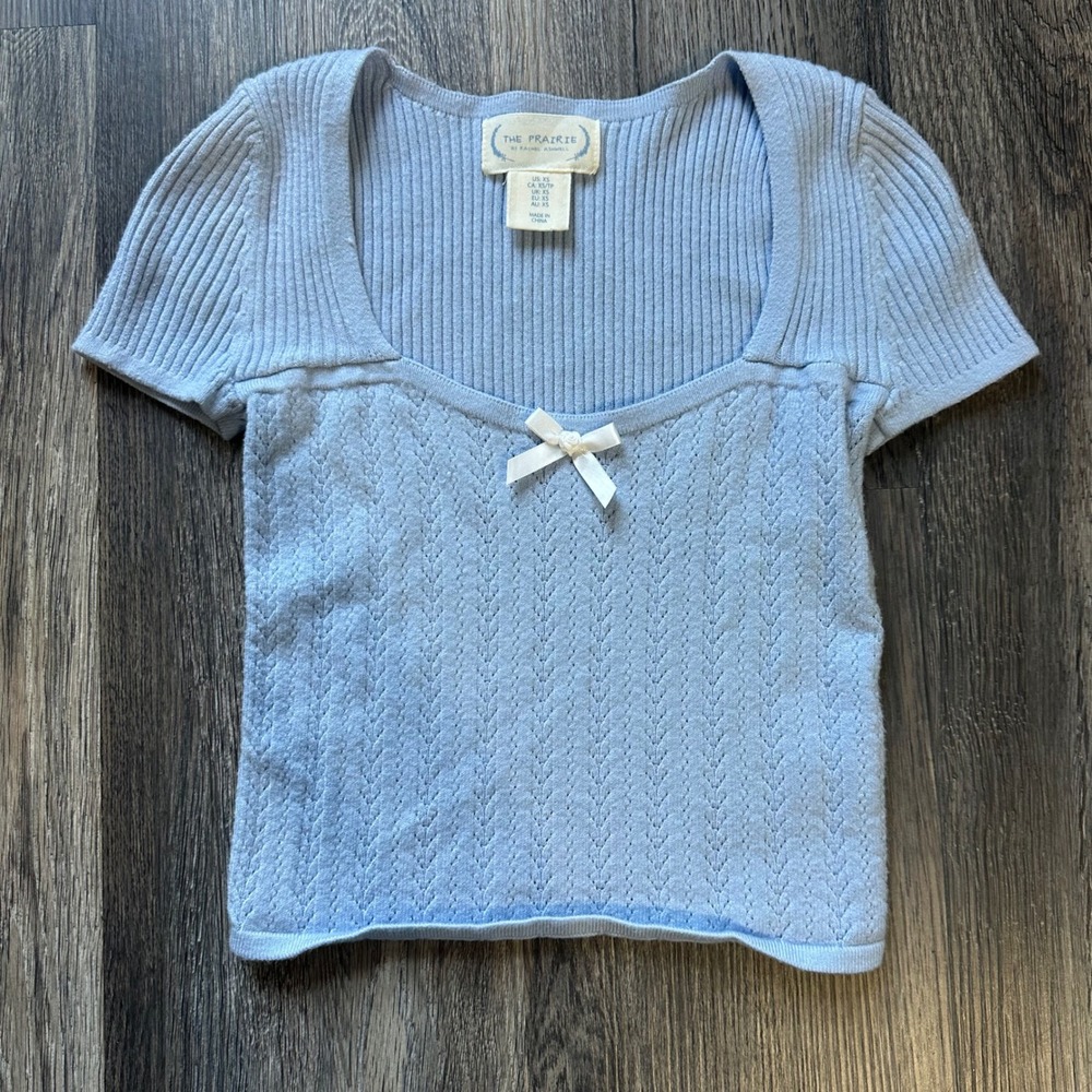 The‎ Prairie Rachel Ashwell Blue Pointelle Knit Top Bow Cottagecore XS